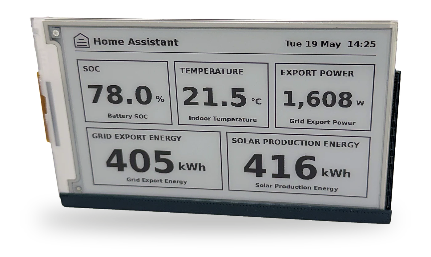 Inkview Midi prototype showing Home Assistant data on its e-ink display